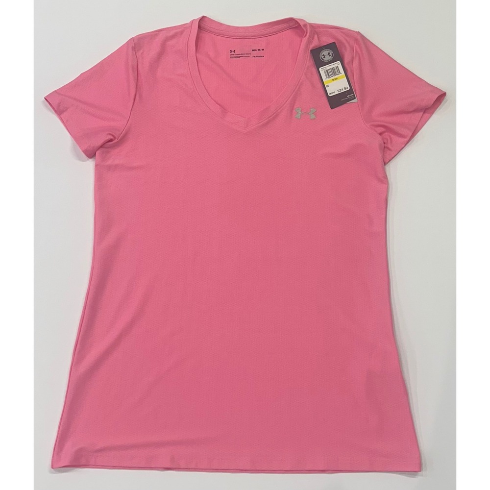 Under Armour HeatGear Womens V-Neck Short Sleeve Training Shirt Pink Medium